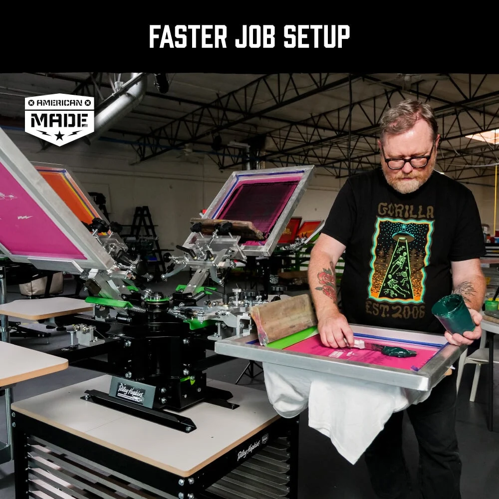 Riley Hopkins 250+ 4 Color 2 Station Screen Printing Press with XYZ Micro Registration 13